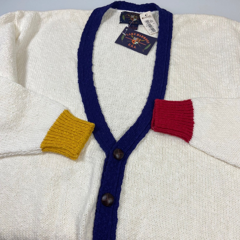 Lake Harmony‎ Rowing Club Large VTG USA Knit Cardigan Sweater Cream Multicolor